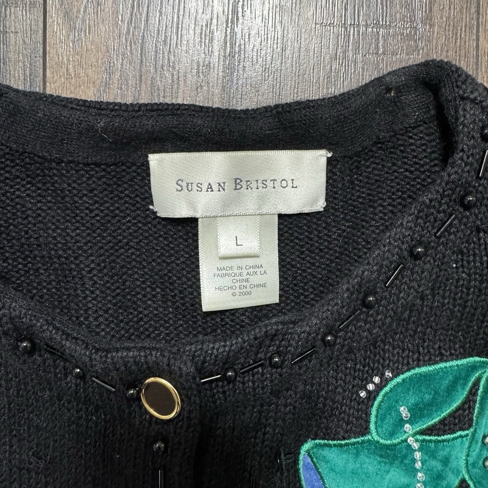Vintage 2000 Susan Bristol Sweater Women's L Black Remie Embroidered Cardigan - Picture 9 of 11